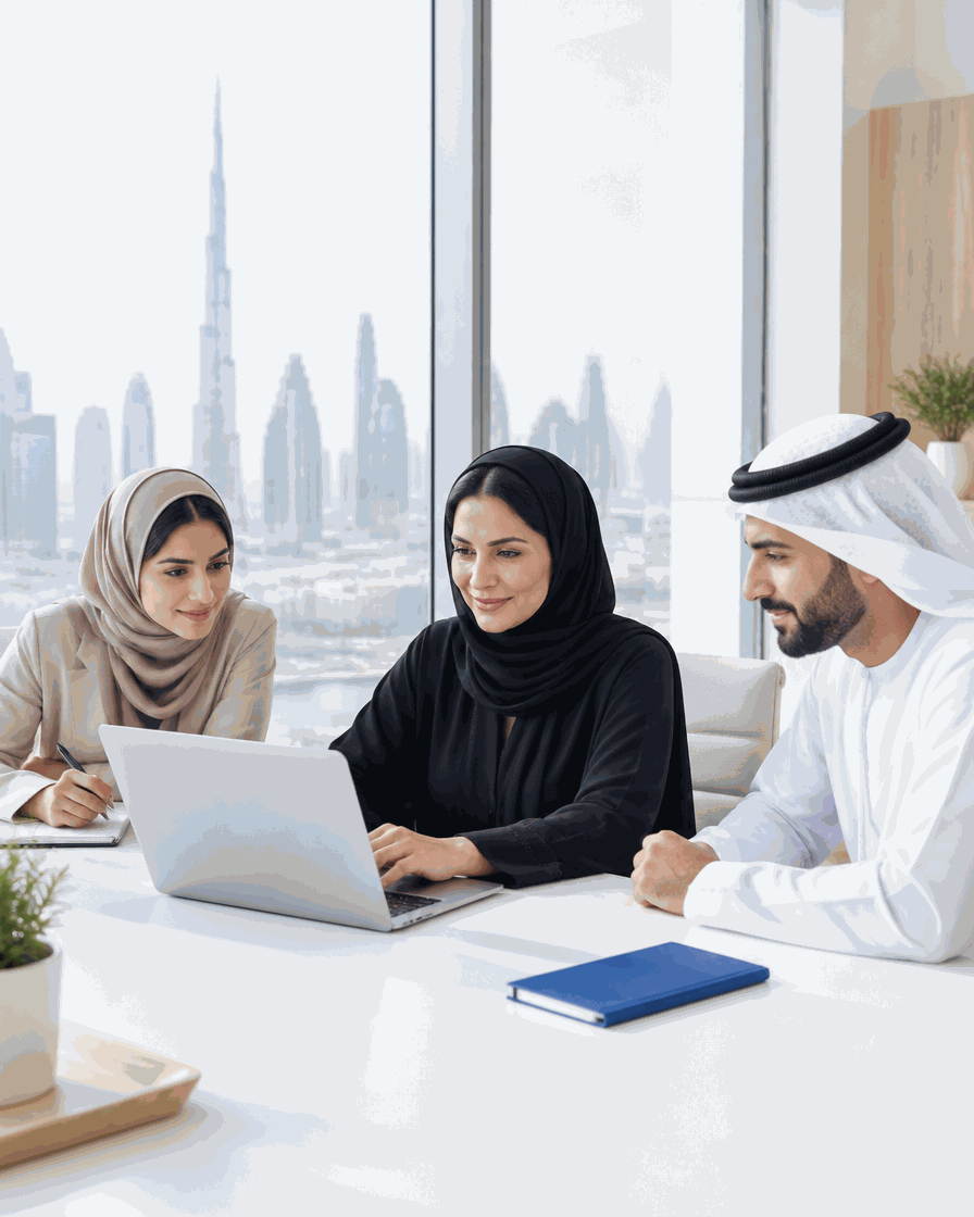 A Gulf executive working with two colleagues in a bright office