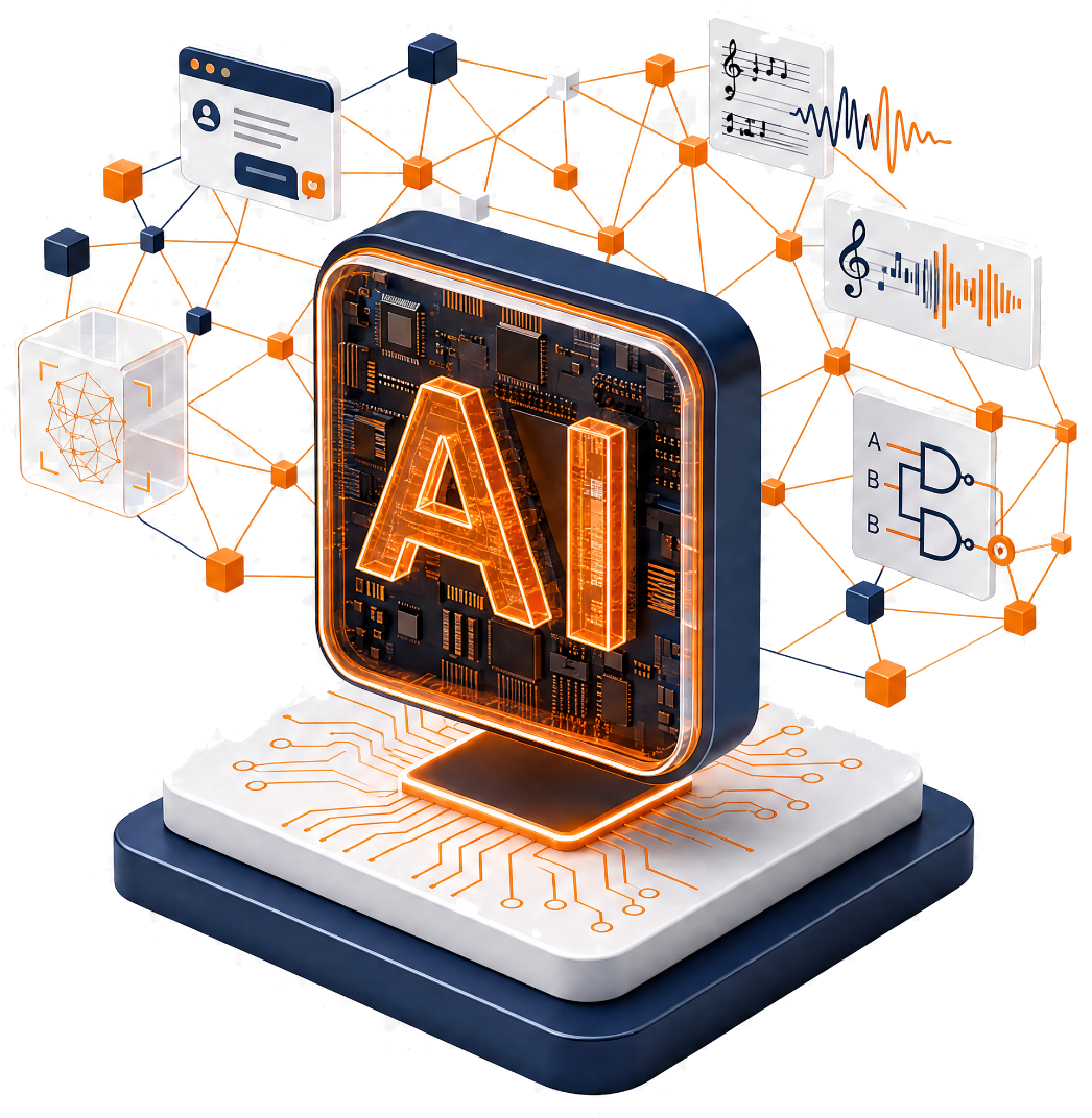 A glowing AI display on a circuit platform, connected to a network of documents and data nodes